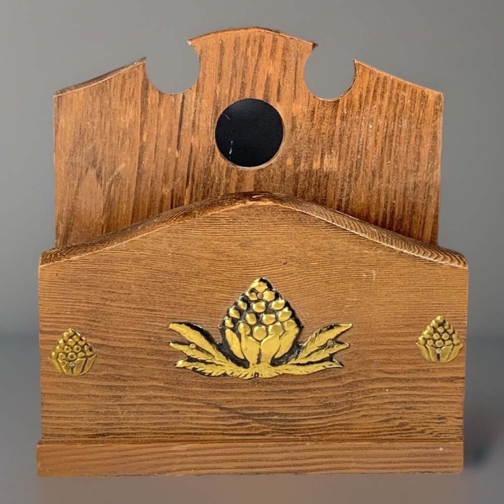 Wood Letter Holder Mail Sorter Desk Organizer Gold Pineapple Motif 2 Slot Vtg